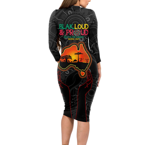Blak Loud and Proud NAIDOC 2024 Long Sleeve Bodycon Dress Indigenous Aboriginal