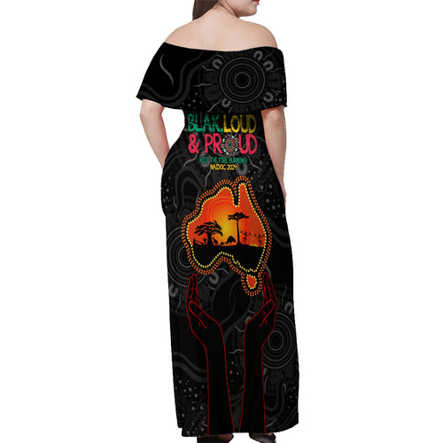 Blak Loud and Proud NAIDOC 2024 Off Shoulder Maxi Dress Indigenous Aboriginal