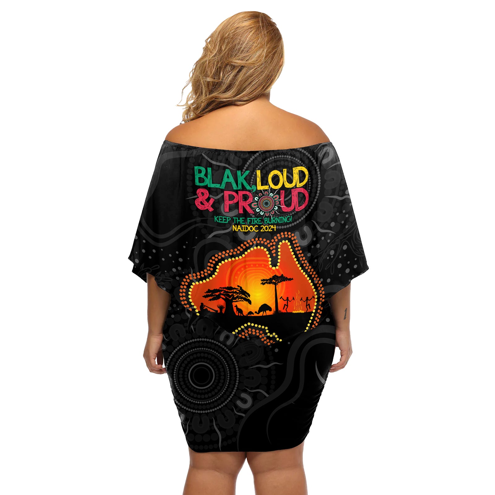 Blak Loud and Proud NAIDOC 2024 Off Shoulder Short Dress Indigenous Aboriginal