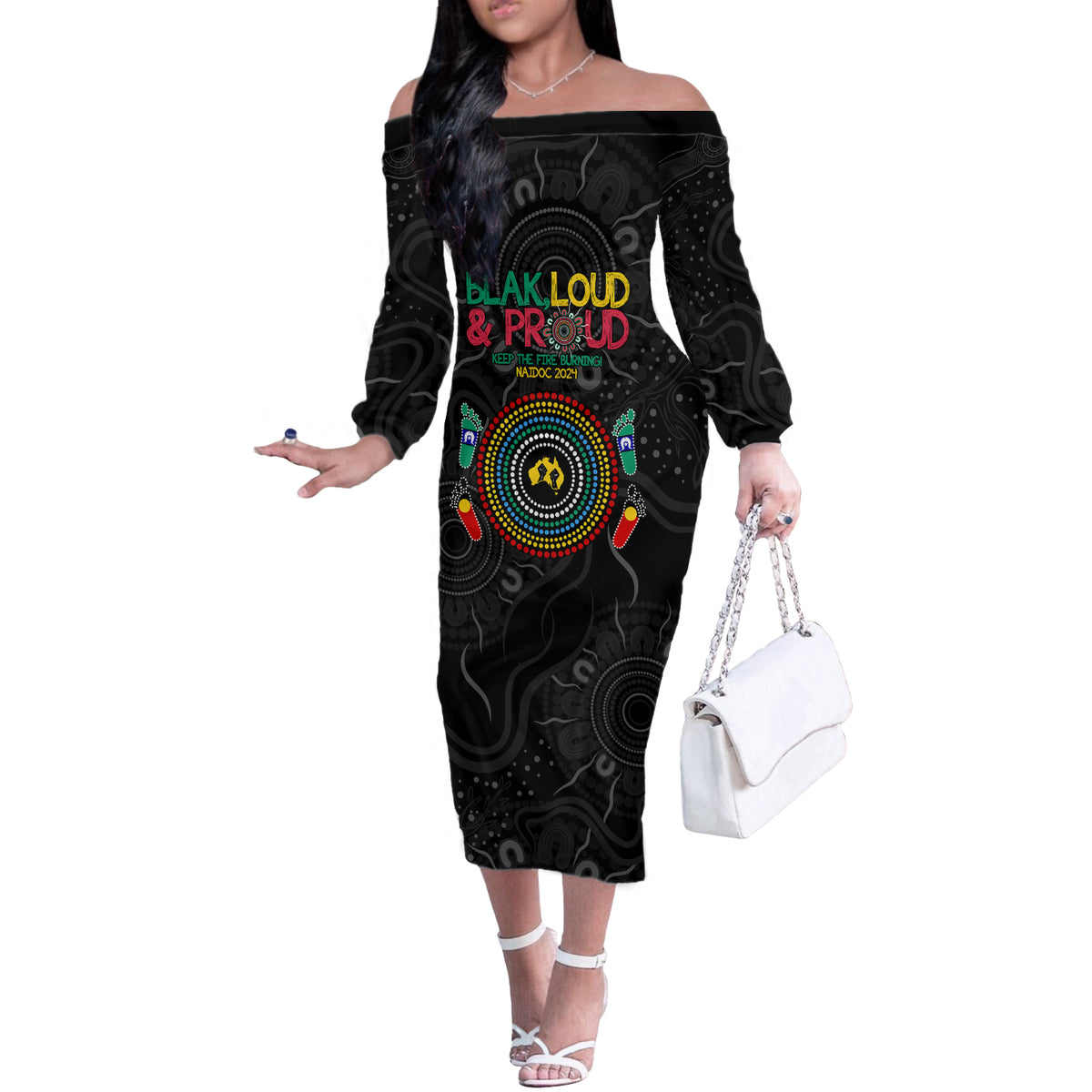 Blak Loud and Proud NAIDOC 2024 Off The Shoulder Long Sleeve Dress Indigenous Aboriginal