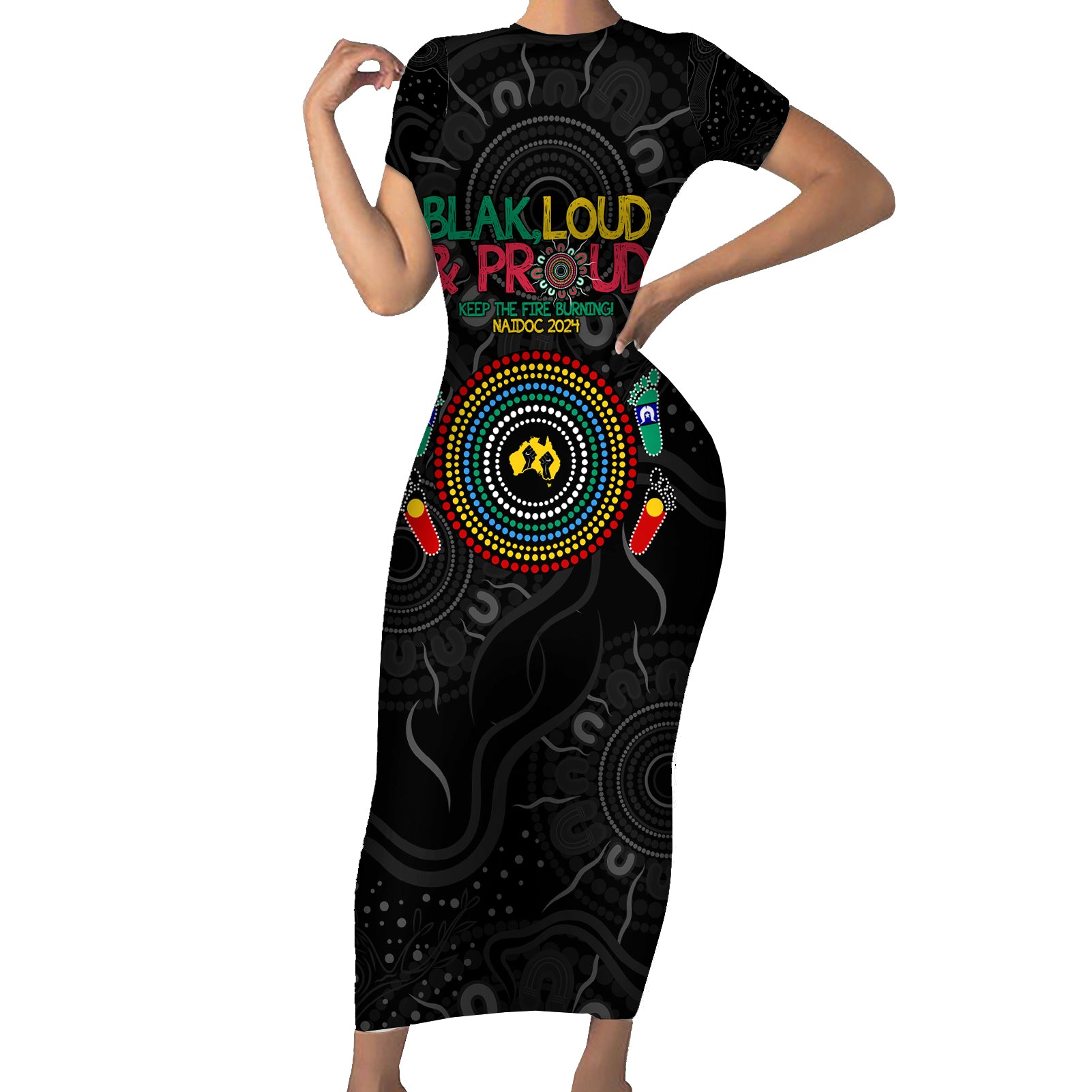 Blak Loud and Proud NAIDOC 2024 Short Sleeve Bodycon Dress Indigenous Aboriginal