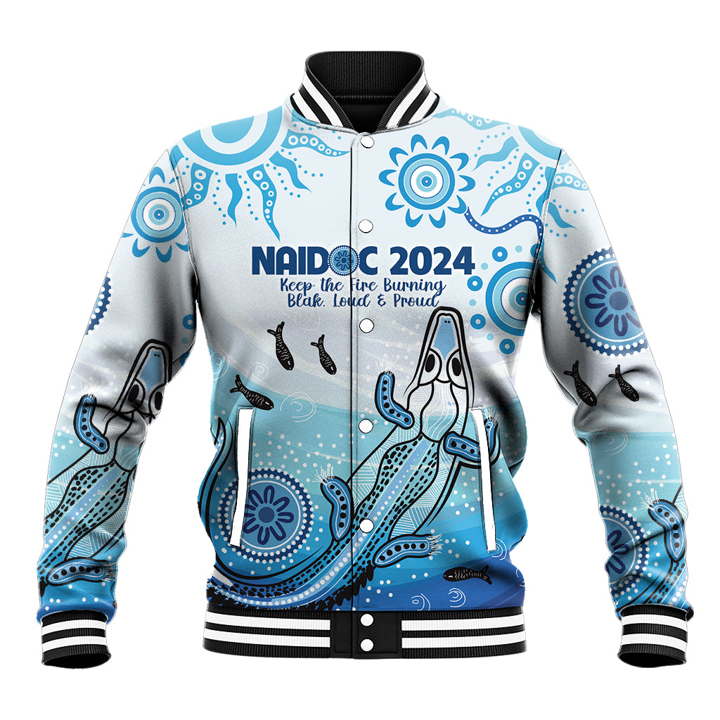Personalised Keep the Fire Burning NAIDOC 2024 Baseball Jacket Aboriginal Dot with Crocodile