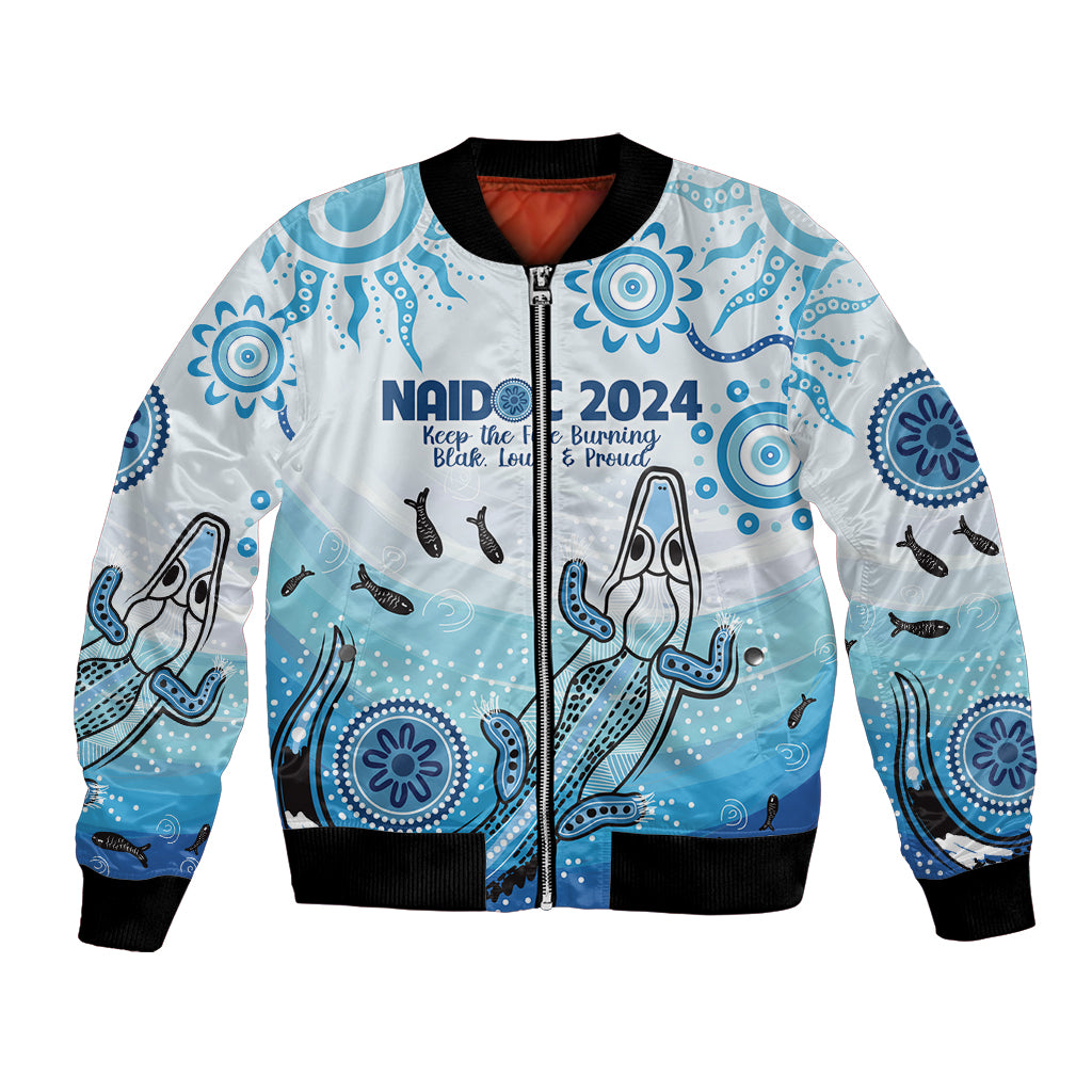 Personalised Keep the Fire Burning NAIDOC 2024 Bomber Jacket Aboriginal Dot with Crocodile