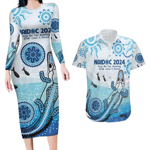 Personalised Keep the Fire Burning NAIDOC 2024 Couples Matching Long Sleeve Bodycon Dress and Hawaiian Shirt Aboriginal Dot with Crocodile