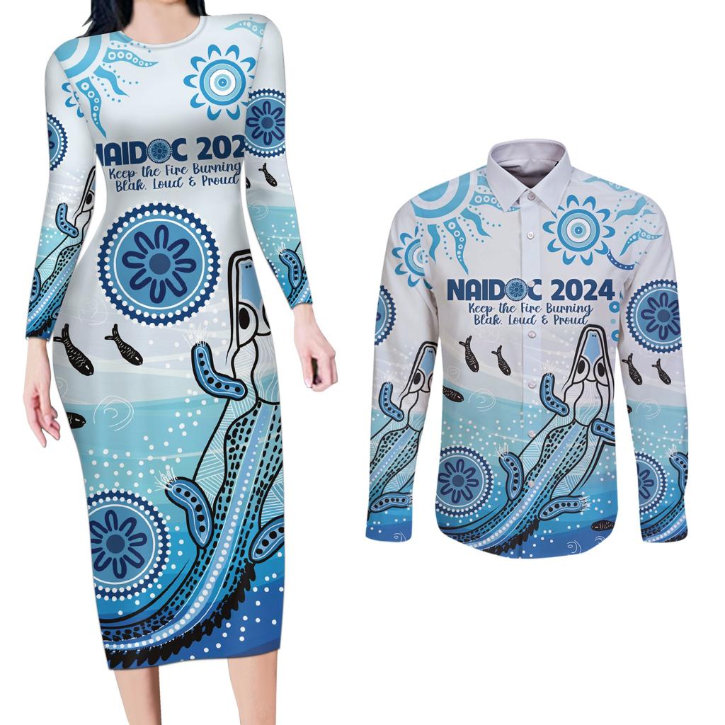 Personalised Keep the Fire Burning NAIDOC 2024 Couples Matching Long Sleeve Bodycon Dress and Long Sleeve Button Shirt Aboriginal Dot with Crocodile