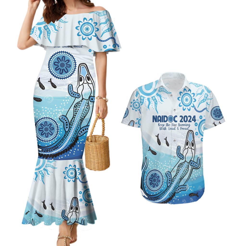 Personalised Keep the Fire Burning NAIDOC 2024 Couples Matching Mermaid Dress and Hawaiian Shirt Aboriginal Dot with Crocodile