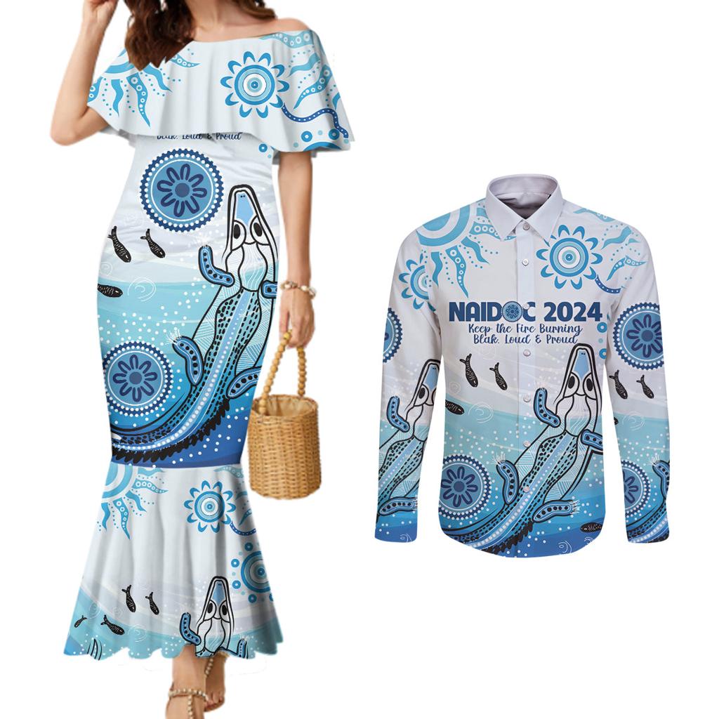 Personalised Keep the Fire Burning NAIDOC 2024 Couples Matching Mermaid Dress and Long Sleeve Button Shirt Aboriginal Dot with Crocodile