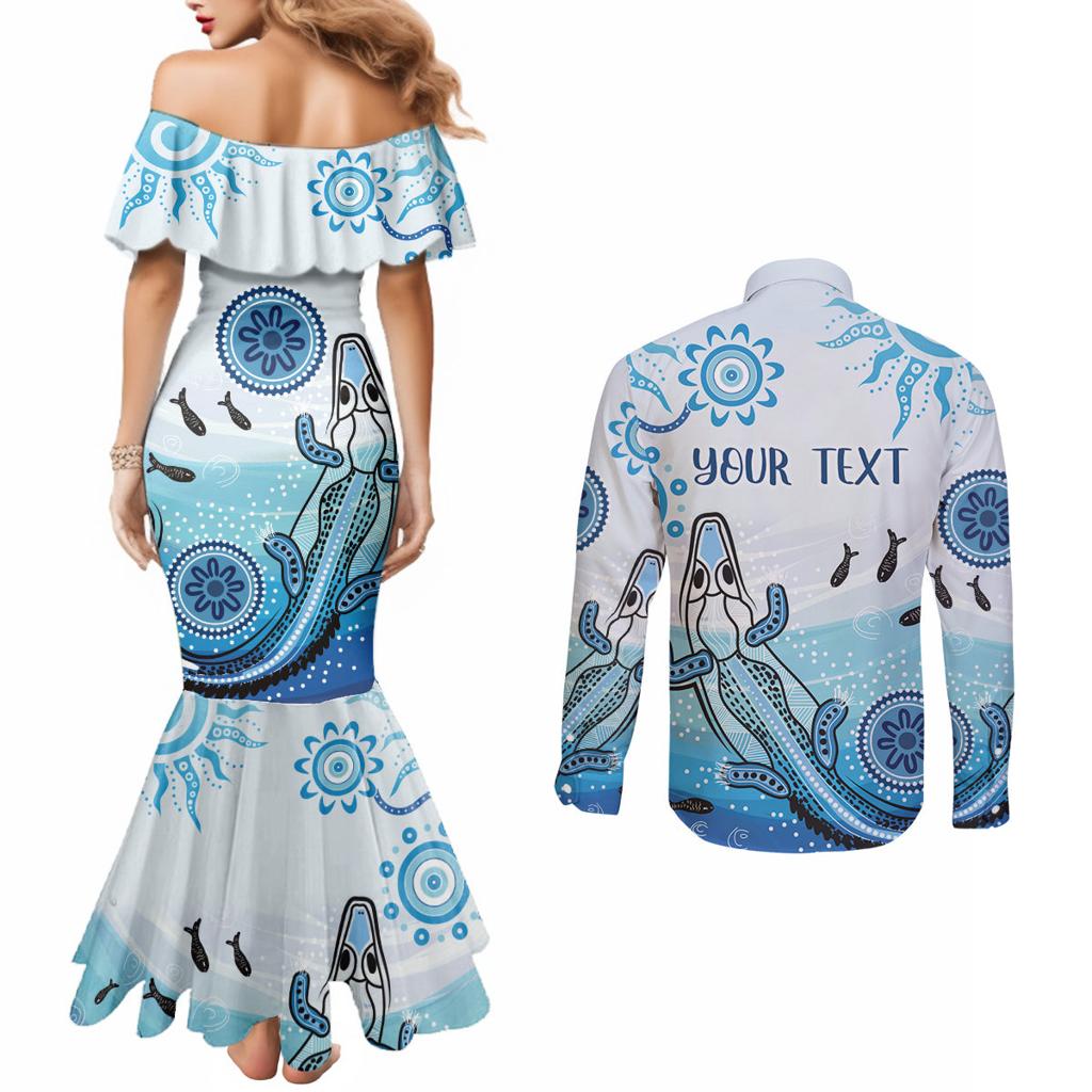 Personalised Keep the Fire Burning NAIDOC 2024 Couples Matching Mermaid Dress and Long Sleeve Button Shirt Aboriginal Dot with Crocodile