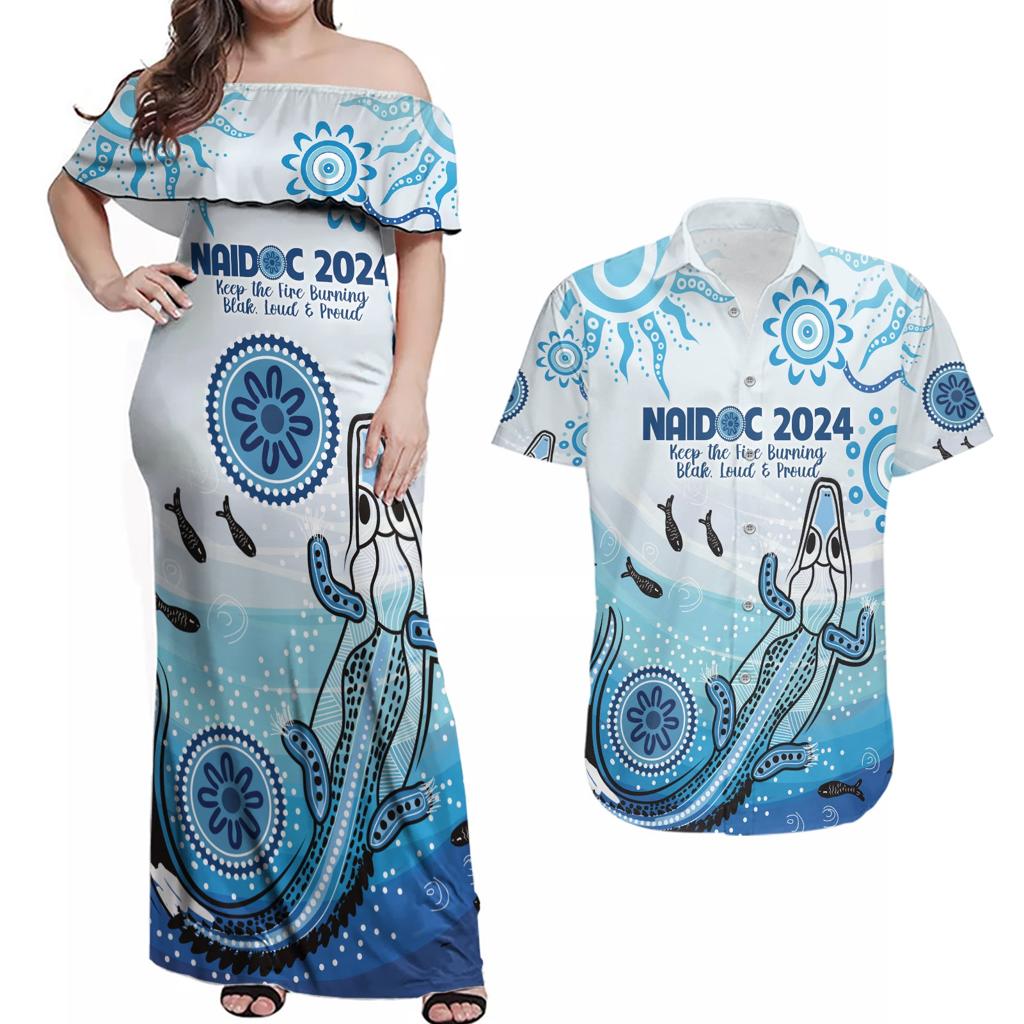 Personalised Keep the Fire Burning NAIDOC 2024 Couples Matching Off Shoulder Maxi Dress and Hawaiian Shirt Aboriginal Dot with Crocodile