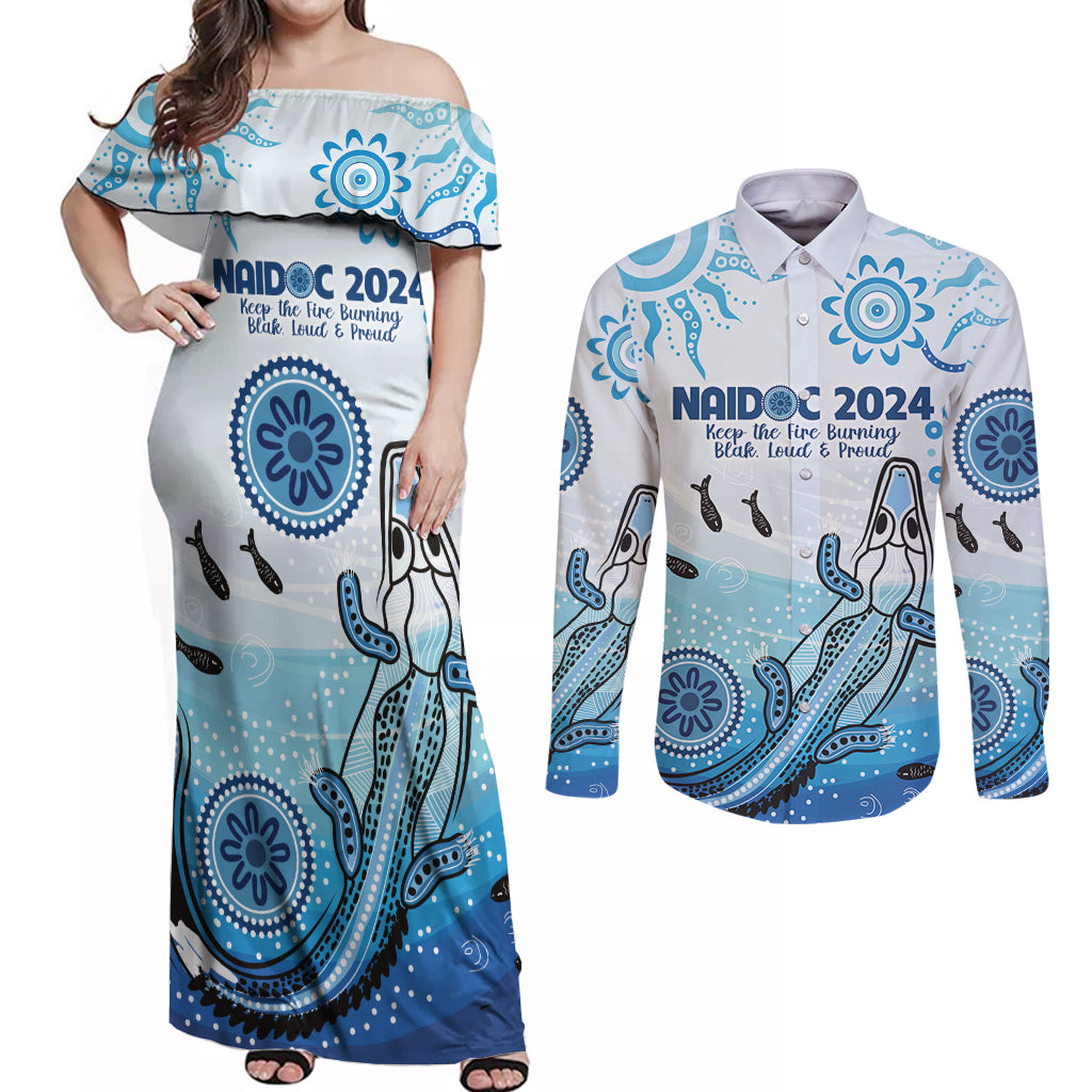 Personalised Keep the Fire Burning NAIDOC 2024 Couples Matching Off Shoulder Maxi Dress and Long Sleeve Button Shirt Aboriginal Dot with Crocodile