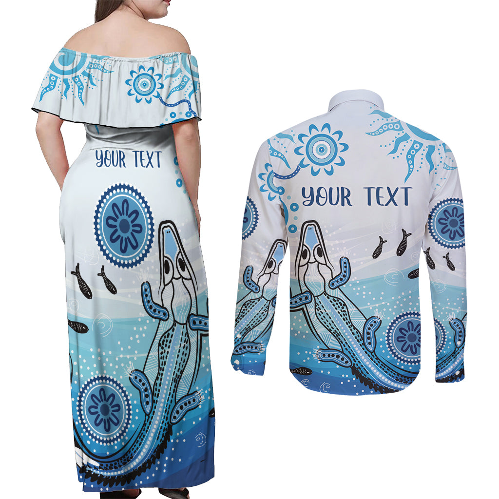 Personalised Keep the Fire Burning NAIDOC 2024 Couples Matching Off Shoulder Maxi Dress and Long Sleeve Button Shirt Aboriginal Dot with Crocodile
