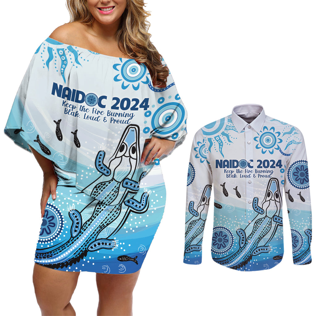 Personalised Keep the Fire Burning NAIDOC 2024 Couples Matching Off Shoulder Short Dress and Long Sleeve Button Shirt Aboriginal Dot with Crocodile