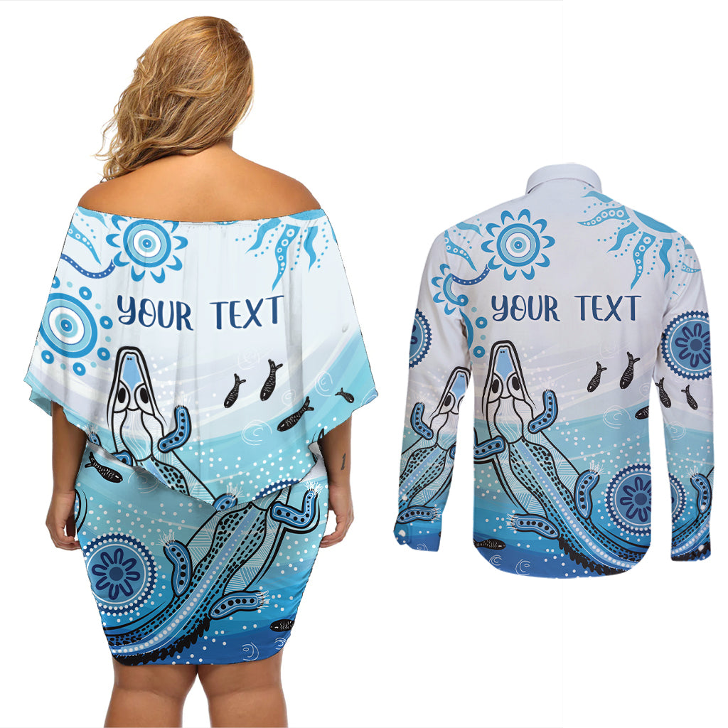 Personalised Keep the Fire Burning NAIDOC 2024 Couples Matching Off Shoulder Short Dress and Long Sleeve Button Shirt Aboriginal Dot with Crocodile