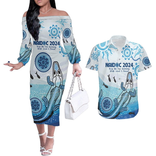 Personalised Keep the Fire Burning NAIDOC 2024 Couples Matching Off The Shoulder Long Sleeve Dress and Hawaiian Shirt Aboriginal Dot with Crocodile