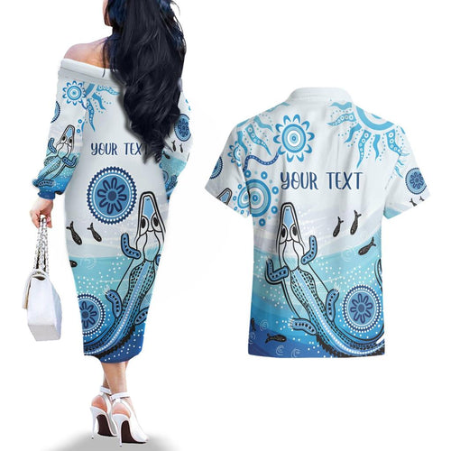 Personalised Keep the Fire Burning NAIDOC 2024 Couples Matching Off The Shoulder Long Sleeve Dress and Hawaiian Shirt Aboriginal Dot with Crocodile