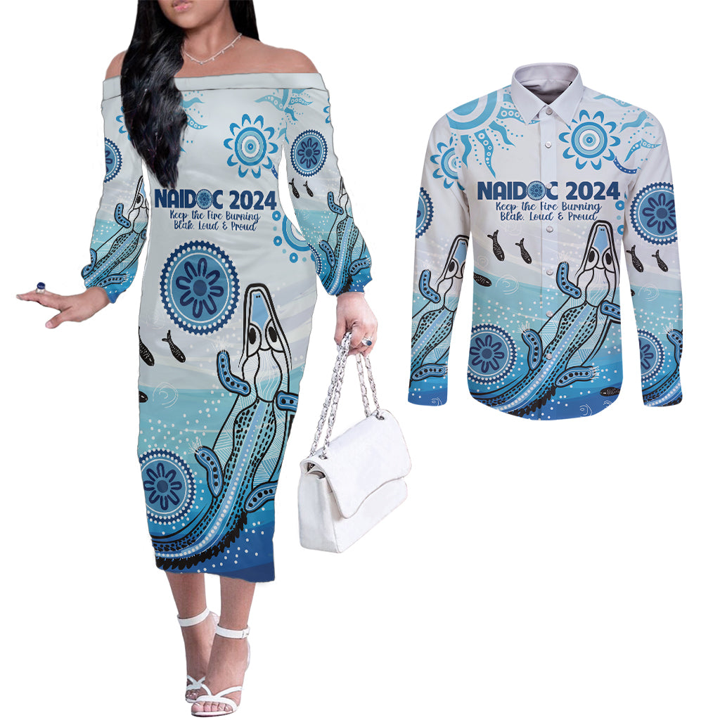 Personalised Keep the Fire Burning NAIDOC 2024 Couples Matching Off The Shoulder Long Sleeve Dress and Long Sleeve Button Shirt Aboriginal Dot with Crocodile
