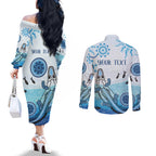 Personalised Keep the Fire Burning NAIDOC 2024 Couples Matching Off The Shoulder Long Sleeve Dress and Long Sleeve Button Shirt Aboriginal Dot with Crocodile