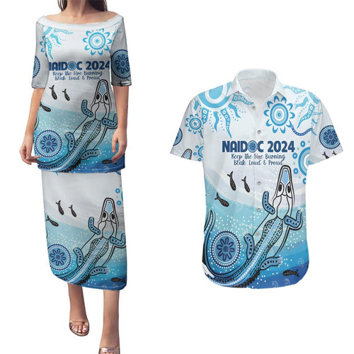Personalised Keep the Fire Burning NAIDOC 2024 Couples Matching Puletasi and Hawaiian Shirt Aboriginal Dot with Crocodile