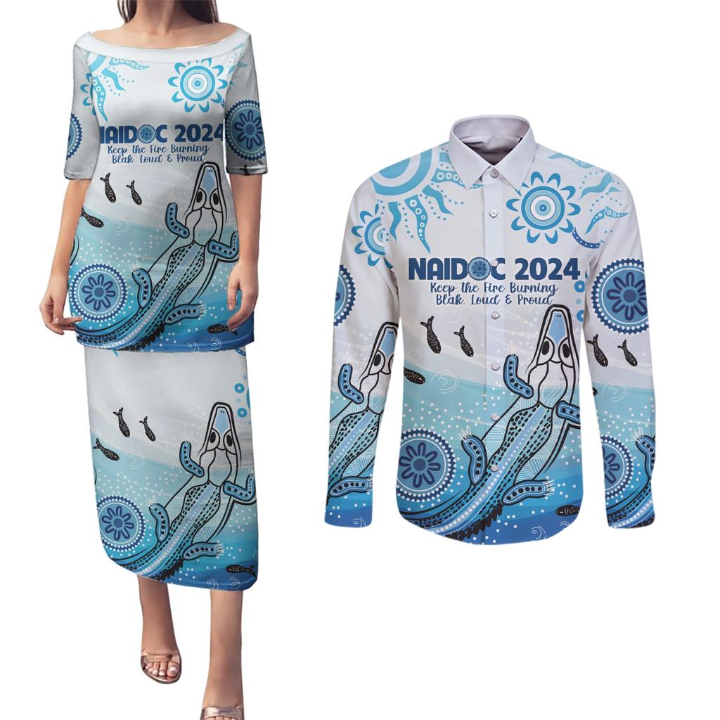 Personalised Keep the Fire Burning NAIDOC 2024 Couples Matching Puletasi and Long Sleeve Button Shirt Aboriginal Dot with Crocodile