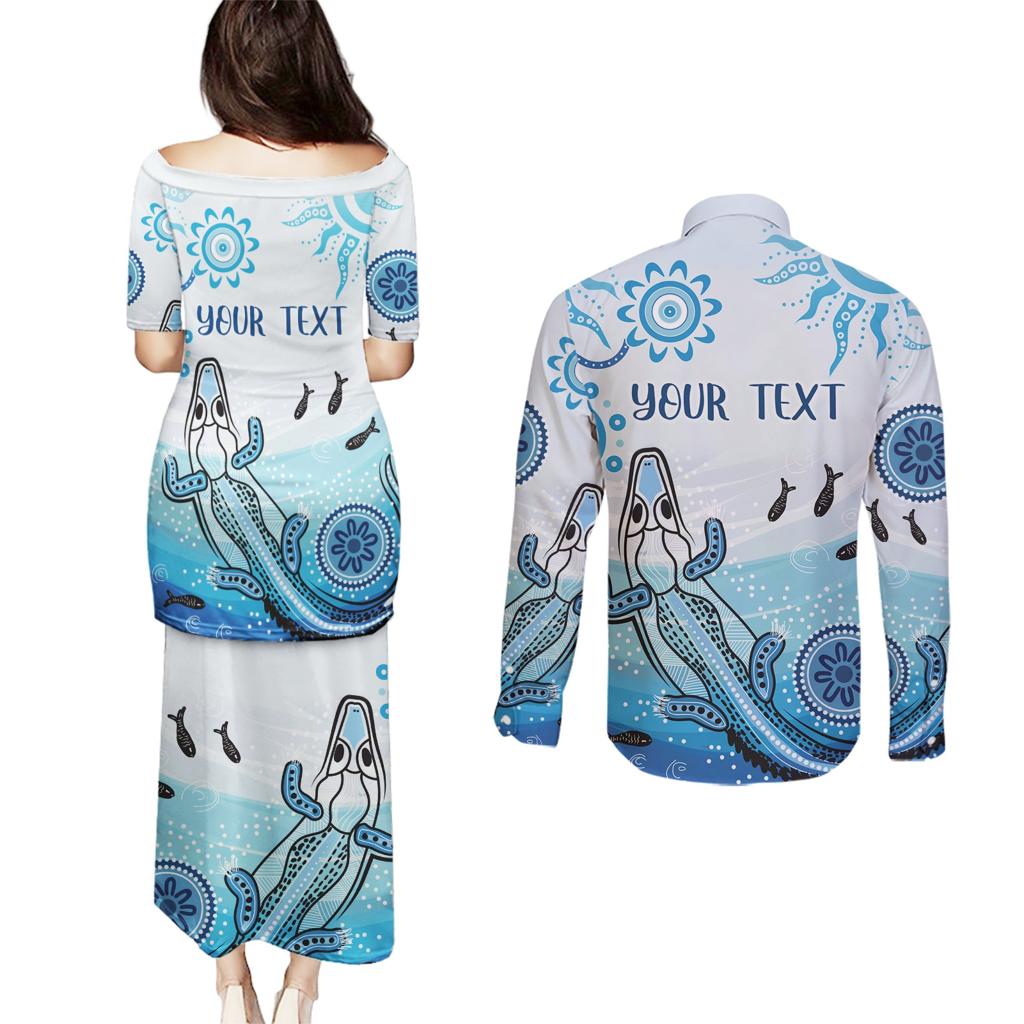 Personalised Keep the Fire Burning NAIDOC 2024 Couples Matching Puletasi and Long Sleeve Button Shirt Aboriginal Dot with Crocodile
