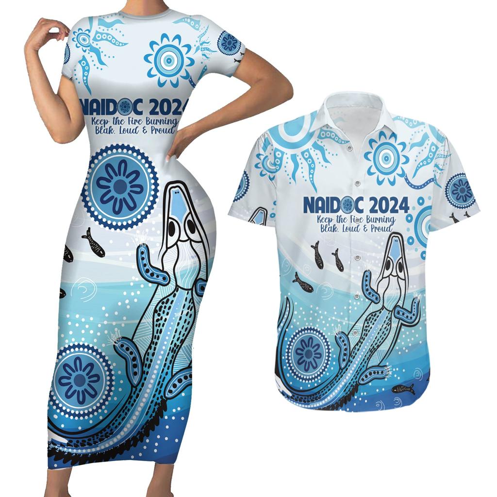 Personalised Keep the Fire Burning NAIDOC 2024 Couples Matching Short Sleeve Bodycon Dress and Hawaiian Shirt Aboriginal Dot with Crocodile