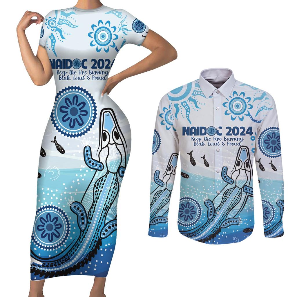 Personalised Keep the Fire Burning NAIDOC 2024 Couples Matching Short Sleeve Bodycon Dress and Long Sleeve Button Shirt Aboriginal Dot with Crocodile