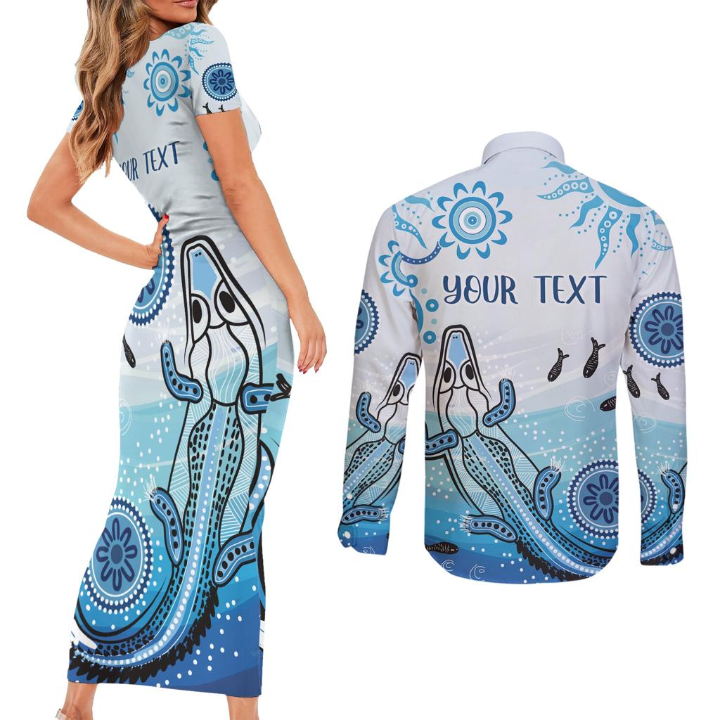 Personalised Keep the Fire Burning NAIDOC 2024 Couples Matching Short Sleeve Bodycon Dress and Long Sleeve Button Shirt Aboriginal Dot with Crocodile