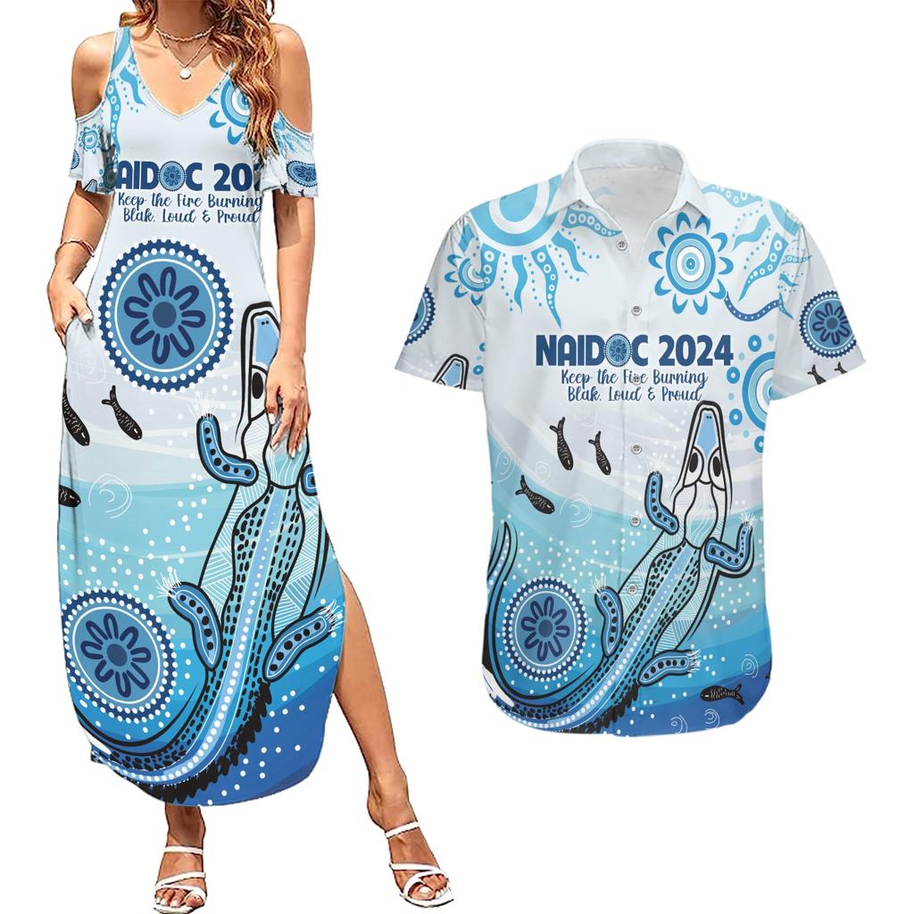 Personalised Keep the Fire Burning NAIDOC 2024 Couples Matching Summer Maxi Dress and Hawaiian Shirt Aboriginal Dot with Crocodile