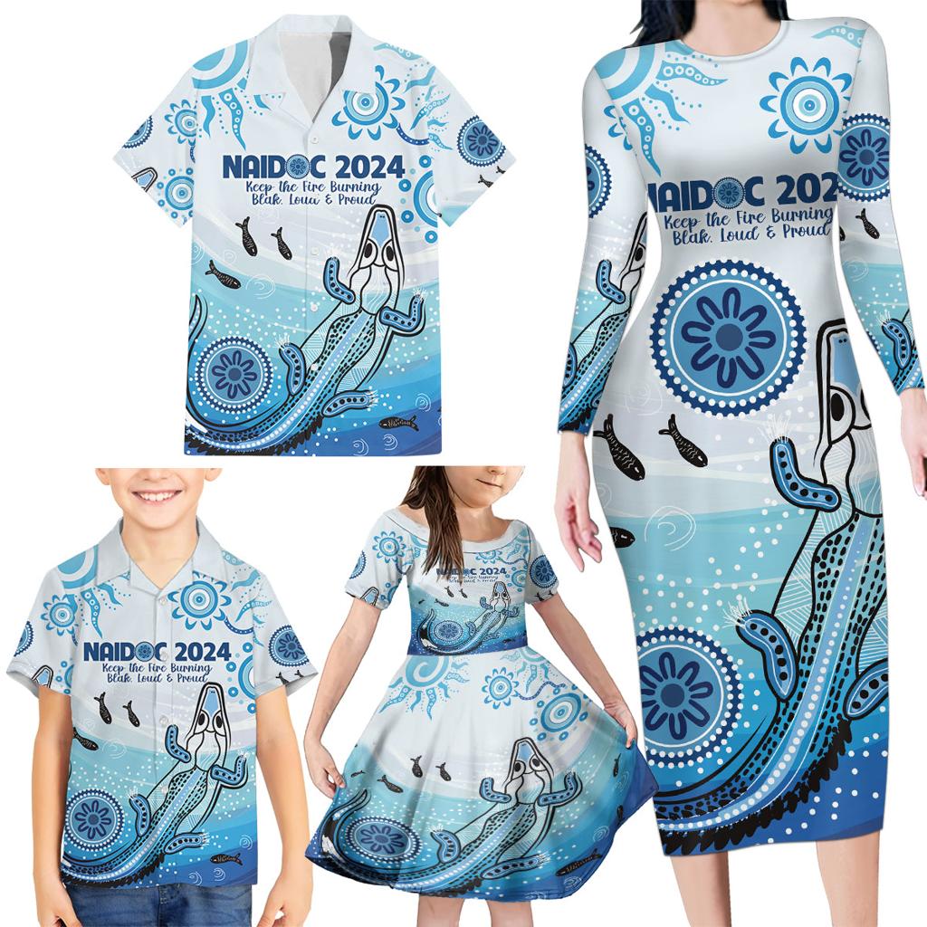 Personalised Keep the Fire Burning NAIDOC 2024 Family Matching Long Sleeve Bodycon Dress and Hawaiian Shirt Aboriginal Dot with Crocodile