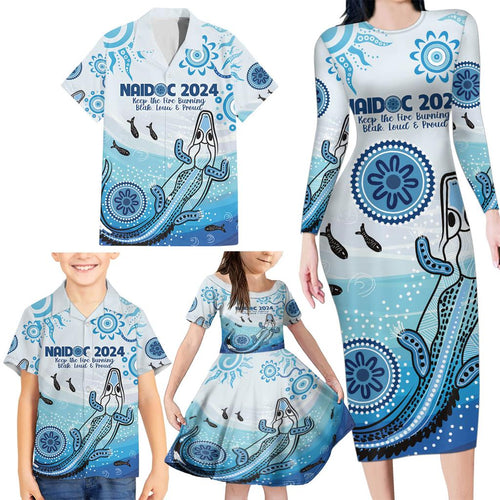 Personalised Keep the Fire Burning NAIDOC 2024 Family Matching Long Sleeve Bodycon Dress and Hawaiian Shirt Aboriginal Dot with Crocodile