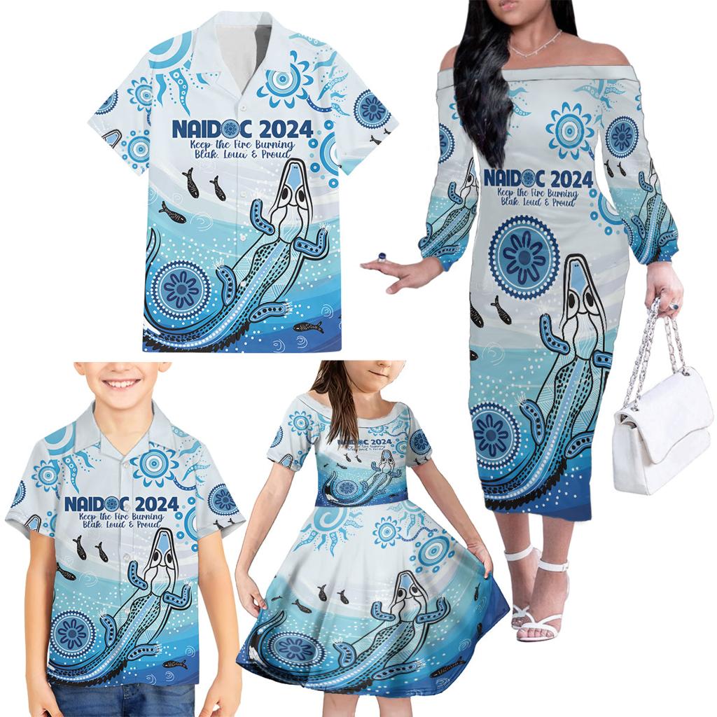 Personalised Keep the Fire Burning NAIDOC 2024 Family Matching Off Shoulder Long Sleeve Dress and Hawaiian Shirt Aboriginal Dot with Crocodile