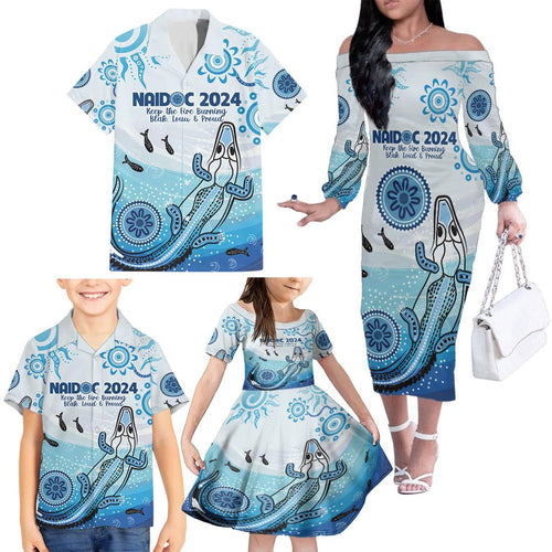 Personalised Keep the Fire Burning NAIDOC 2024 Family Matching Off Shoulder Long Sleeve Dress and Hawaiian Shirt Aboriginal Dot with Crocodile