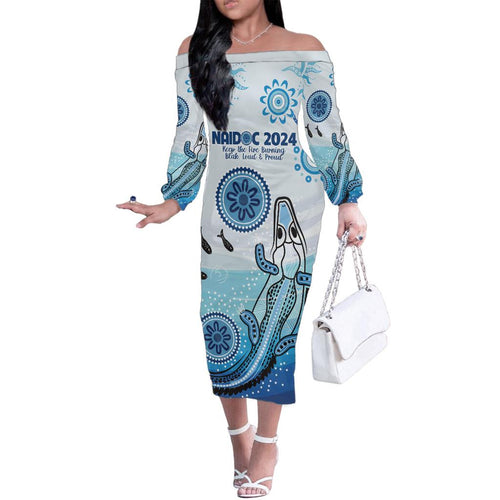 Personalised Keep the Fire Burning NAIDOC 2024 Family Matching Off Shoulder Long Sleeve Dress and Hawaiian Shirt Aboriginal Dot with Crocodile