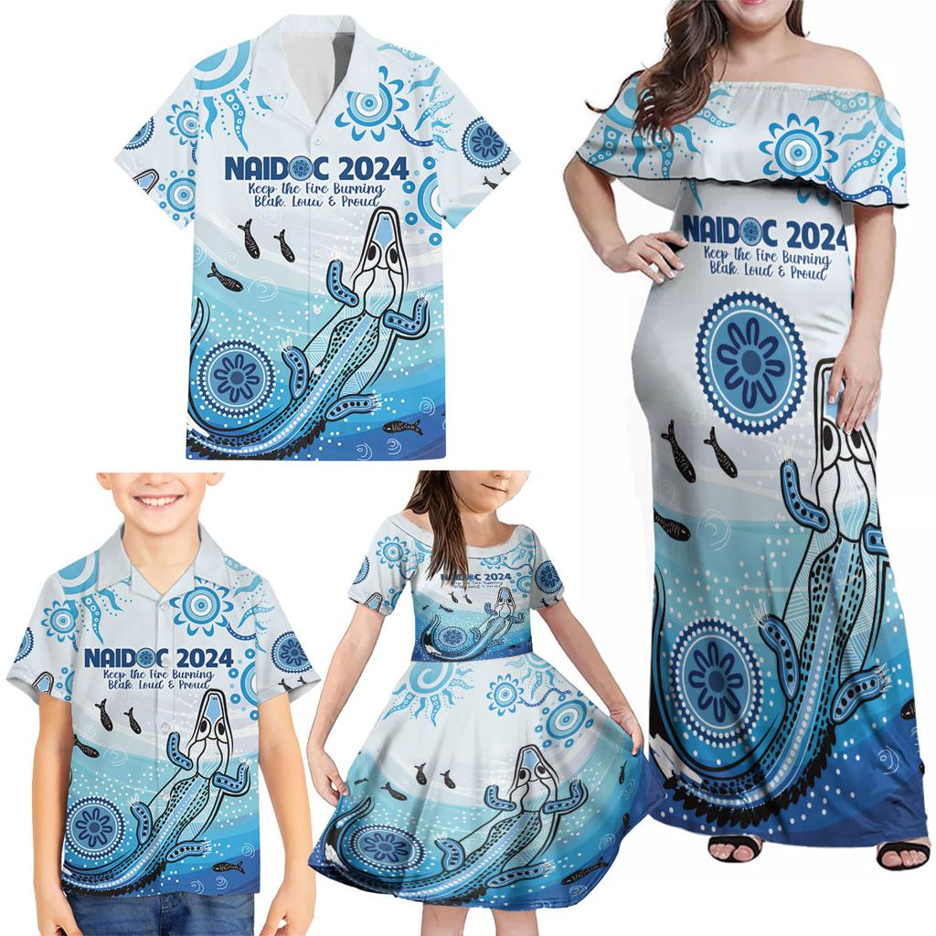 Personalised Keep the Fire Burning NAIDOC 2024 Family Matching Off Shoulder Maxi Dress and Hawaiian Shirt Aboriginal Dot with Crocodile
