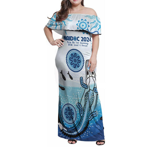 Personalised Keep the Fire Burning NAIDOC 2024 Family Matching Off Shoulder Maxi Dress and Hawaiian Shirt Aboriginal Dot with Crocodile