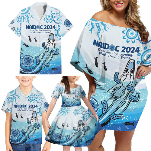 Personalised Keep the Fire Burning NAIDOC 2024 Family Matching Off Shoulder Short Dress and Hawaiian Shirt Aboriginal Dot with Crocodile