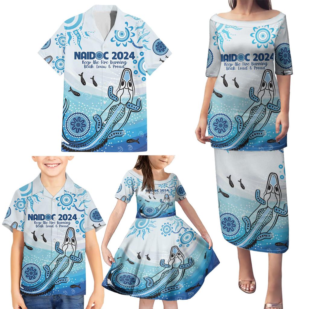 Personalised Keep the Fire Burning NAIDOC 2024 Family Matching Puletasi and Hawaiian Shirt Aboriginal Dot with Crocodile