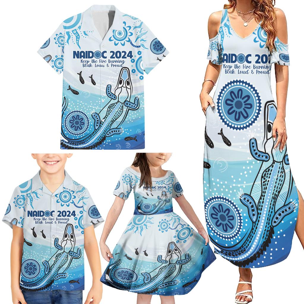 Personalised Keep the Fire Burning NAIDOC 2024 Family Matching Summer Maxi Dress and Hawaiian Shirt Aboriginal Dot with Crocodile