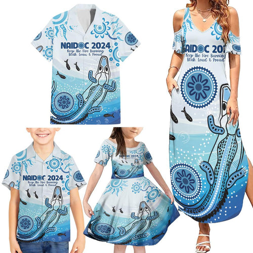 Personalised Keep the Fire Burning NAIDOC 2024 Family Matching Summer Maxi Dress and Hawaiian Shirt Aboriginal Dot with Crocodile