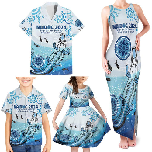 Personalised Keep the Fire Burning NAIDOC 2024 Family Matching Tank Maxi Dress and Hawaiian Shirt Aboriginal Dot with Crocodile