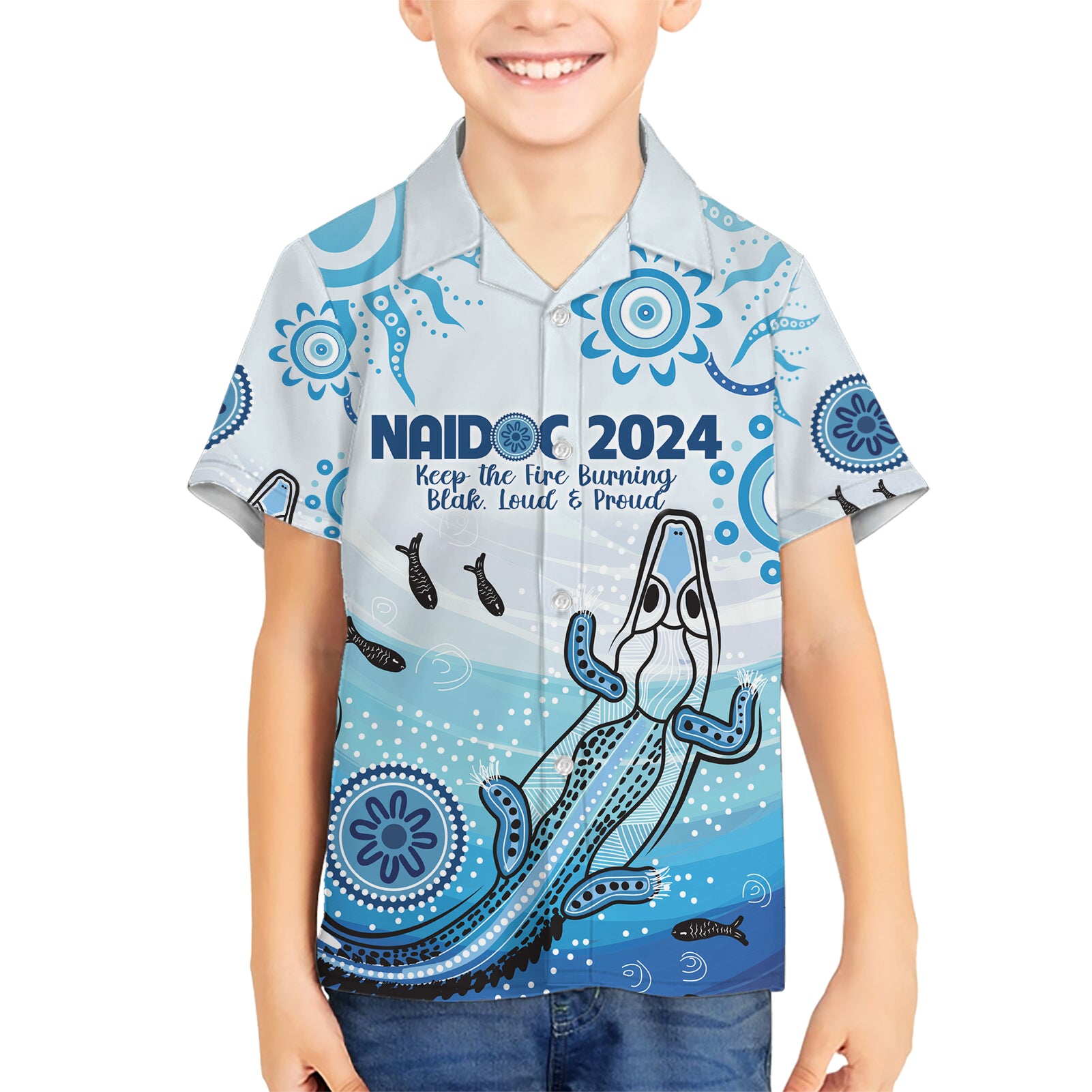 Personalised Keep the Fire Burning NAIDOC 2024 Hawaiian Shirt Aboriginal Dot with Crocodile
