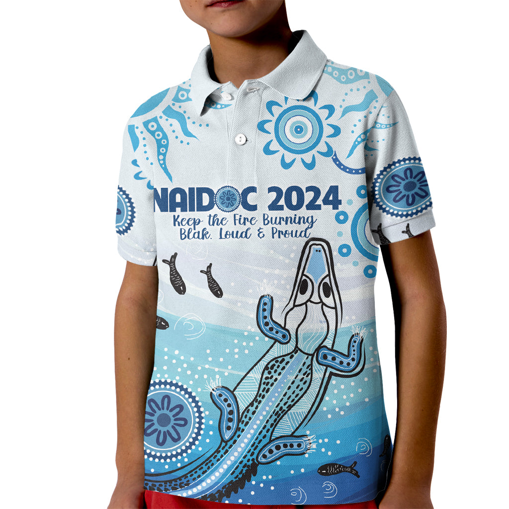 Personalised Keep the Fire Burning NAIDOC 2024 Kid Polo Shirt Aboriginal Dot with Crocodile