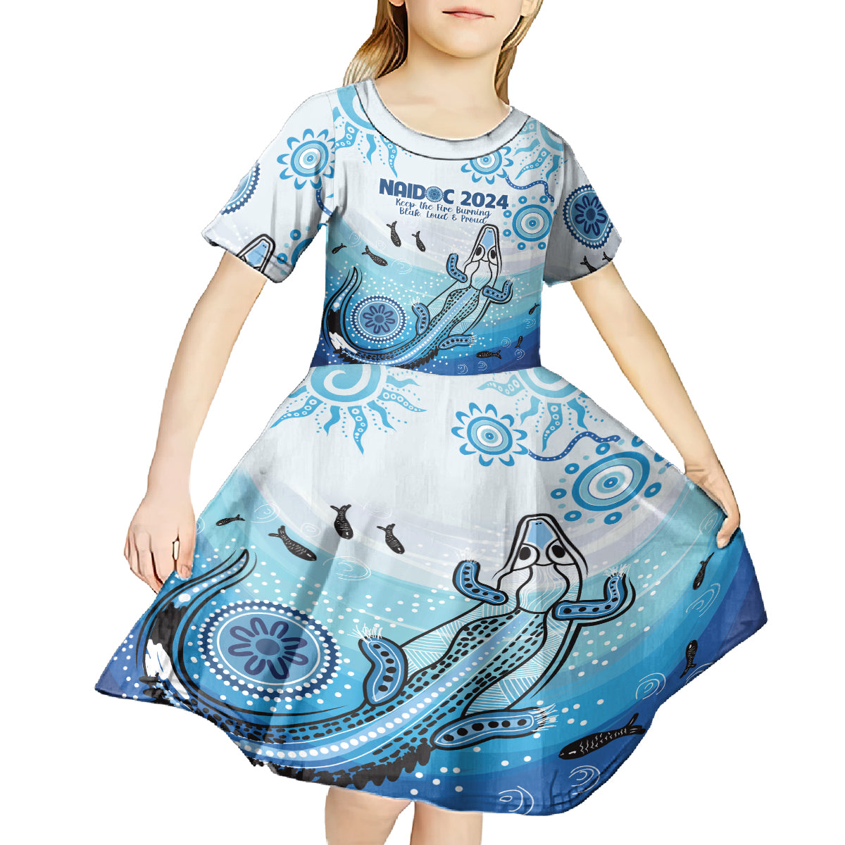 Personalised Keep the Fire Burning NAIDOC 2024 Kid Short Sleeve Dress Aboriginal Dot with Crocodile