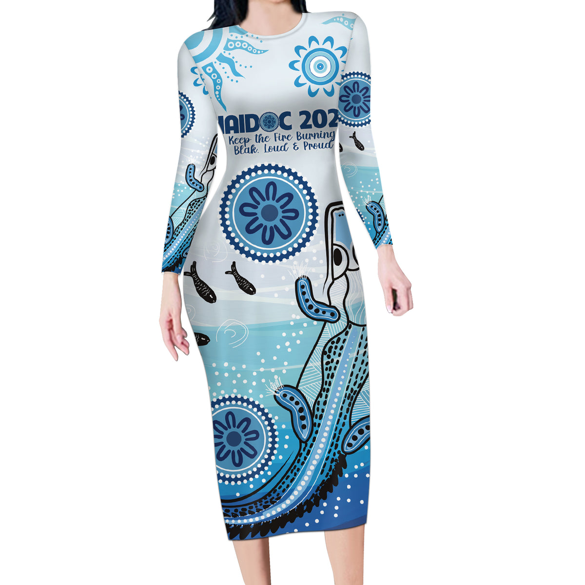 Personalised Keep the Fire Burning NAIDOC 2024 Long Sleeve Bodycon Dress Aboriginal Dot with Crocodile