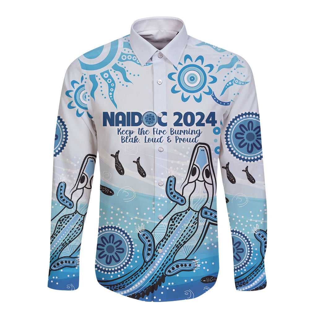 Personalised Keep the Fire Burning NAIDOC 2024 Long Sleeve Button Shirt Aboriginal Dot with Crocodile