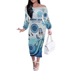 Personalised Keep the Fire Burning NAIDOC 2024 Off The Shoulder Long Sleeve Dress Aboriginal Dot with Crocodile