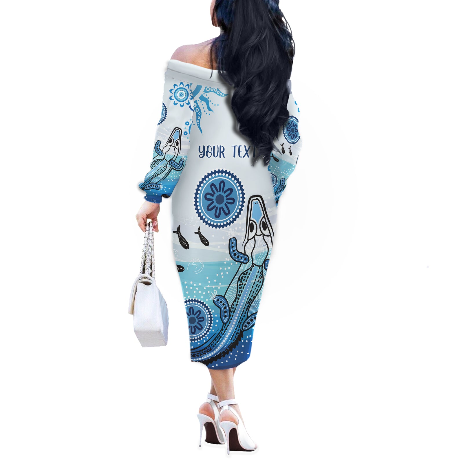Personalised Keep the Fire Burning NAIDOC 2024 Off The Shoulder Long Sleeve Dress Aboriginal Dot with Crocodile
