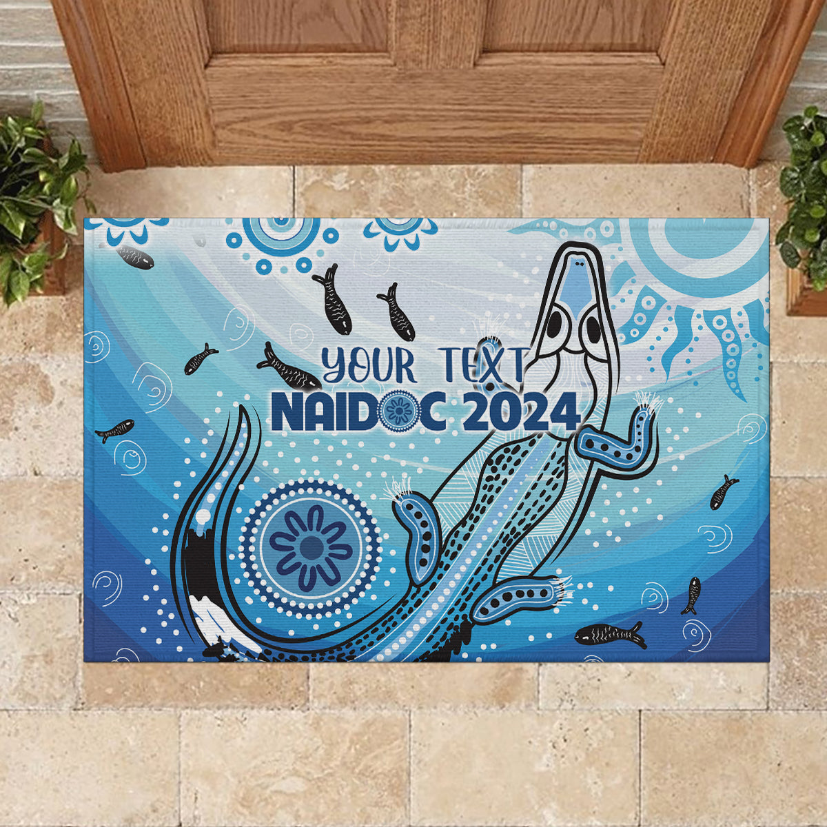 Personalised Keep the Fire Burning NAIDOC 2024 Rubber Doormat Aboriginal Dot with Crocodile