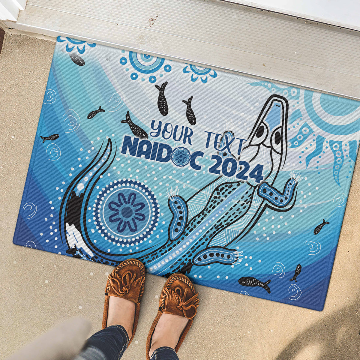 Personalised Keep the Fire Burning NAIDOC 2024 Rubber Doormat Aboriginal Dot with Crocodile