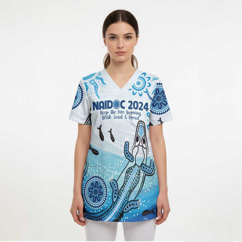 Personalised Keep the Fire Burning NAIDOC 2024 Scrub Top Aboriginal Dot with Crocodile - Aussie Hoodie